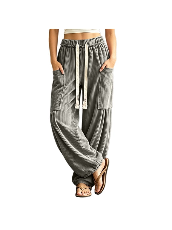 Womens Corduroy Lounge Pants Elastic Waist Drawstring Wide Leg Travel Street Pants with Pockets