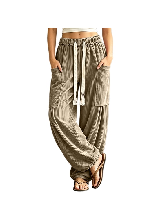 Womens Corduroy Lounge Pants Elastic Waist Drawstring Wide Leg Travel Street Pants with Pockets