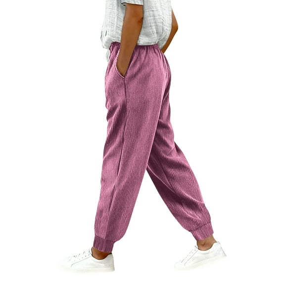 cocolona Womens Corduroy Pants Elastic Waist Drawstring Joggers Office Work Pants Fashion Solid Color Lounge Trousers with Pockets