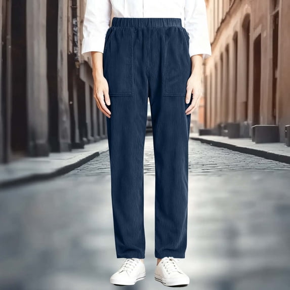 cocolona Womens Corduroy Pants Elastic Waist Straight Leg Casual Long Pants Fashion Solid Color Lounge Trousers with Pockets