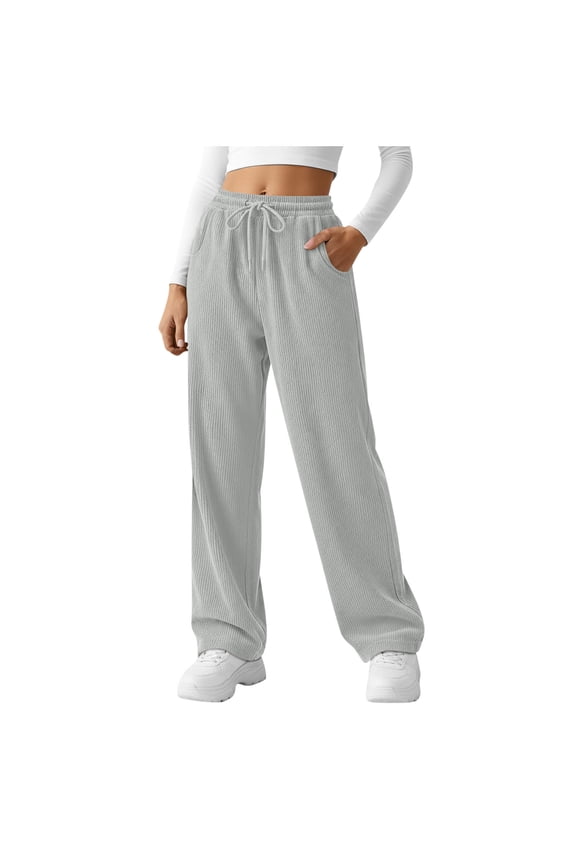 Womens Corduroy Pants Straight Wide-leg Pants Fashion Solid Color Casual Loose Long Pants Elastic Waist Drawstring Trousers