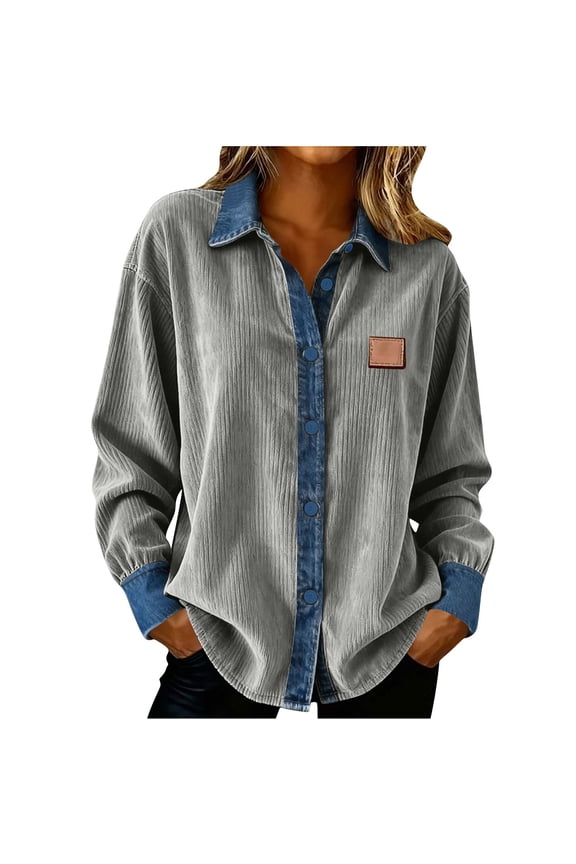 Womens Corduroy Shirts Long Sleeves Lapel Denim Patchwork Button Shirts Fall Fashion Loose Tops Casual Blouses