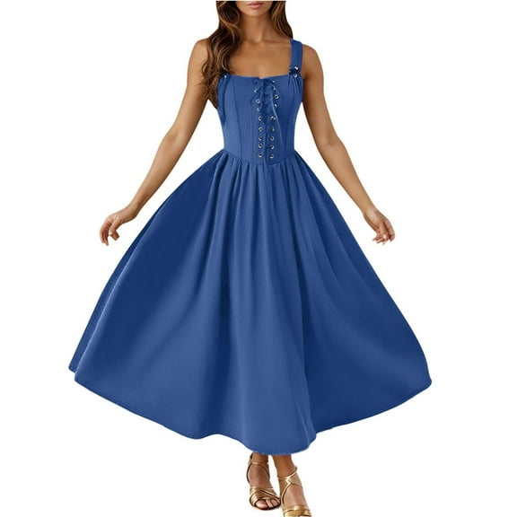 cocolona Womens Corset Dress Summer Sleeveless Lace Up Pleated Swings Gothic Long Dress Medieval Renaissance Dress