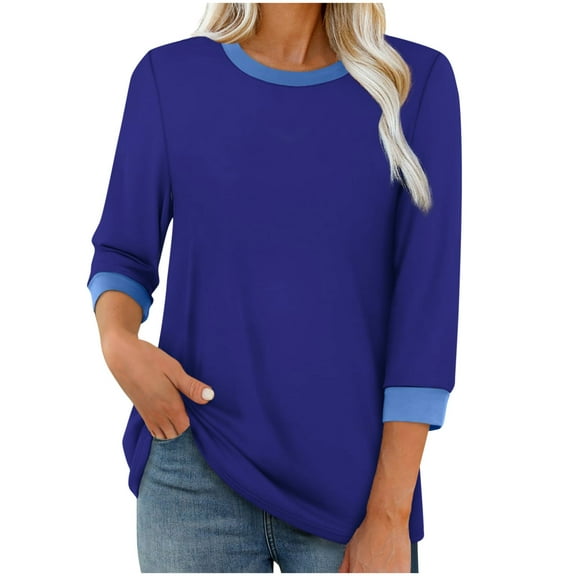 cocolona Womens Crew Neck T-shirts 3/4 Length Sleeve Womens Tops Dressy Casual Blouse Fashion Color Block Tunic Tops