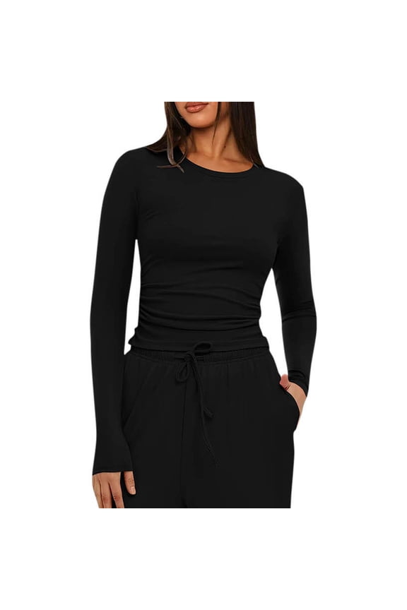 Womens Crop Tops Long Sleeve Crew Neck Slim Fit Shirts Trendy Casual Solid Color Tees Blouses