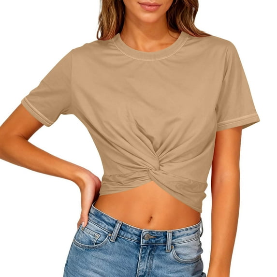 cocolona Womens Crop Tops Summer Casual Crew Neck Short Sleeve Shirts Fashion Solid Color Loose Blouses Basic Tees