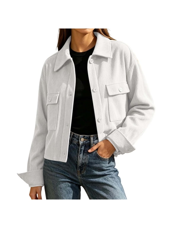Womens Cropped Corduroy Jacket Fall Casual Button Down Long Sleeve Winter Coats Solid Color Trendy Casual Tops