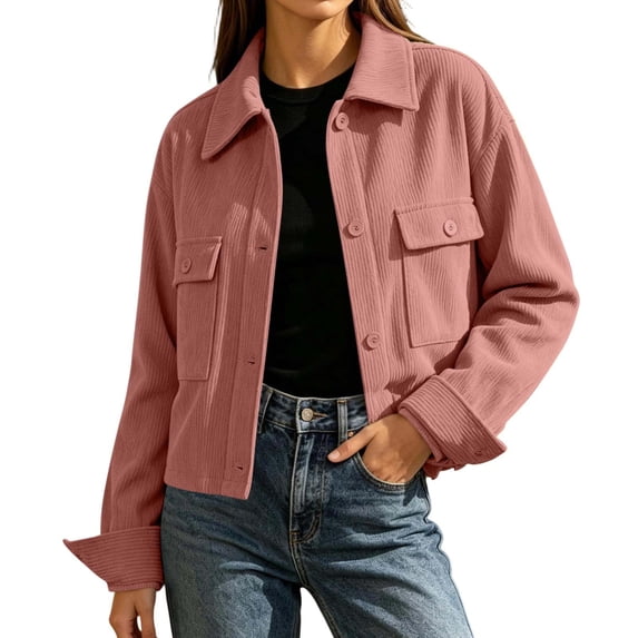 cocolona Womens Cropped Corduroy Jacket Fall Casual Button Down Long Sleeve Winter Coats Solid Color Trendy Casual Tops