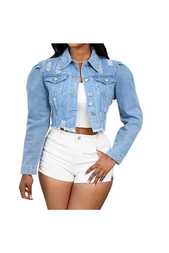 Womens Cropped Denim Jacket Lapel Long Sleeve Button Jean Coat Ripped Distressed Frayed Outwear with Pockets