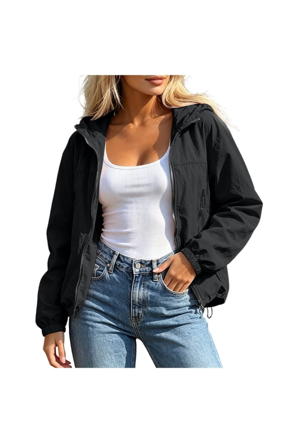 Womens Cropped Hooded Sun Protection Jacket Long Sleeve Solid Color Tops with Zipper Pockets