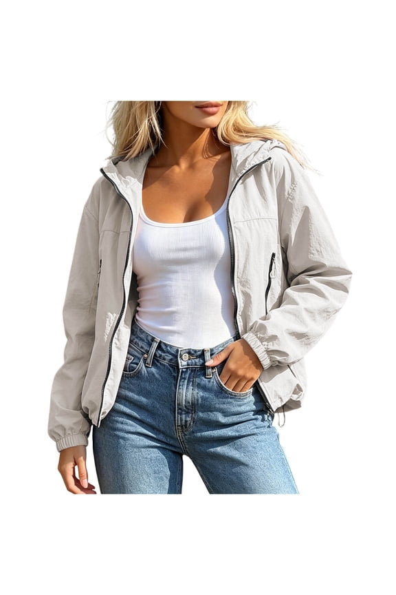 Womens Cropped Hooded Sun Protection Jacket Long Sleeve Solid Color Tops with Zipper Pockets
