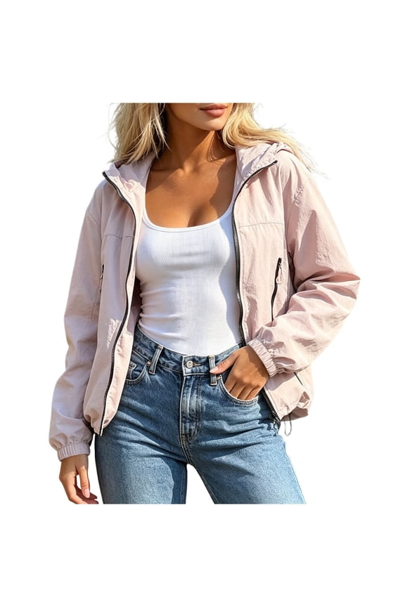 Womens Cropped Hooded Sun Protection Jacket Long Sleeve Solid Color Tops with Zipper Pockets