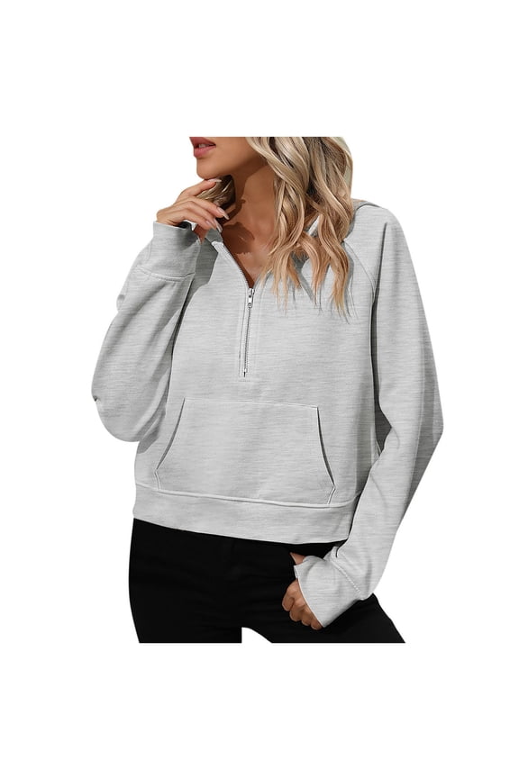 Womens Cropped Hoodie Long Sleeve Casual Half Zip Hooded Sweatshirts Trendy Loose Pullover Tops Hoodies for Women