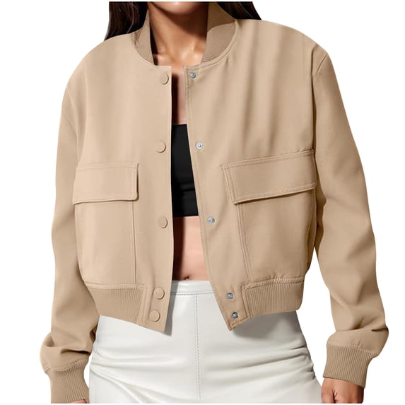 cocolona Womens Cropped Jackets Fall Long Sleeve Button Up Stand Collar Jacket Trendy Casual Solid Color Outwear Coat with Pocket