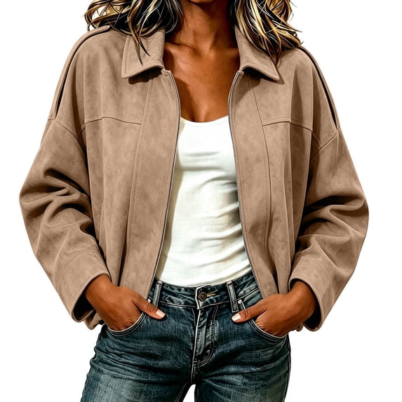 cocolona Womens Cropped Jackets for Women Solid Color Long Sleeve Zipper Outerwear Oversized Fall Winter Tops