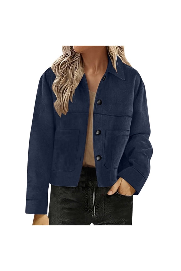 Womens Cropped Leather Jacket Fall Long Sleeve Button Up Lapel Jackets Winter Fashion Solid Color Coats Tops with Pockets