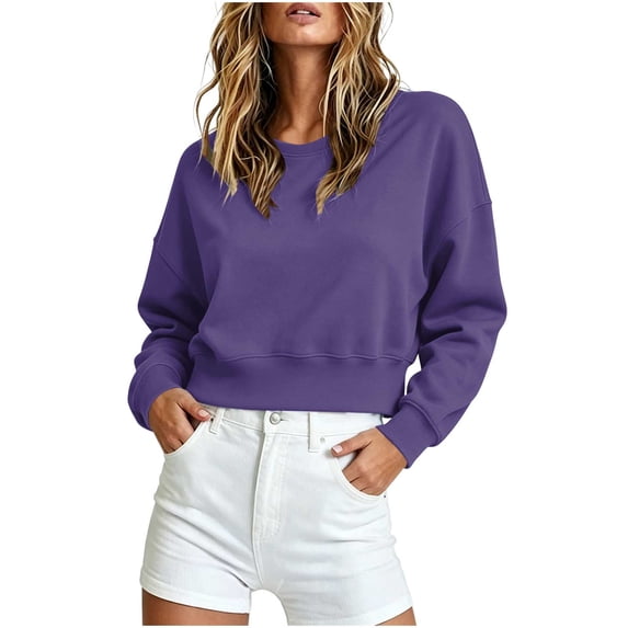 cocolona Womens Cropped Long Sleeve Sweatshirts Crew Neck Loose Fit Soft Casual Tops Fall Fashion Outfits