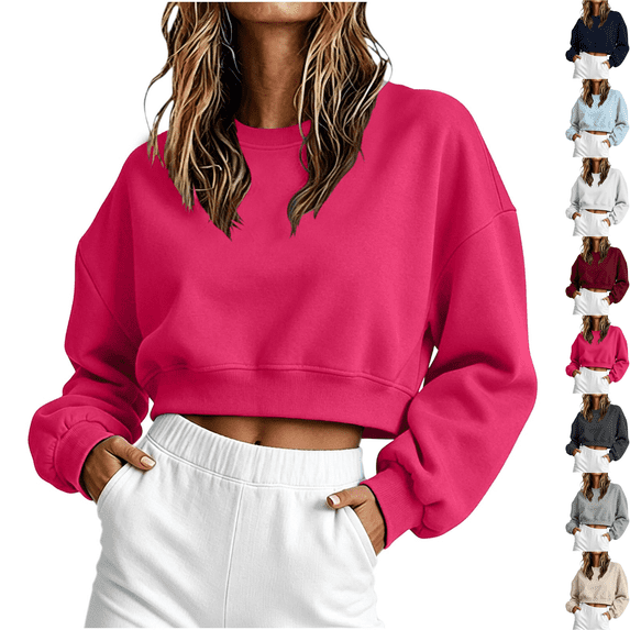 cocolona Womens Cropped Sweatshirts Long Sleeve Crew Neck Shirts Basic Solid Color Loose Pullover Fall Tops