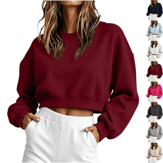 cocolona Womens Cropped Sweatshirts Long Sleeve Crew Neck Shirts Basic Solid Color Loose Pullover Fall Tops