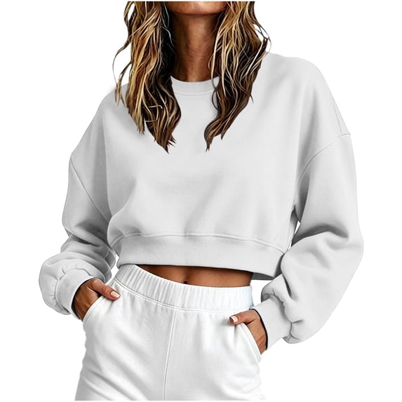 cocolona Womens Cropped Sweatshirts Long Sleeve Crew Neck Shirts Base Solid Color Loose Pullover Fall Tops