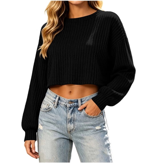 cocolona Womens Cropped Sweater Crew Neck Long Sleeve Knit Ribbed Fall Pullover Tops