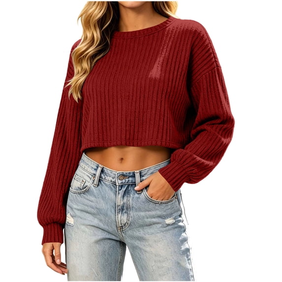 cocolona Womens Cropped Sweater Crew Neck Long Sleeve Knit Ribbed Fall Pullover Tops