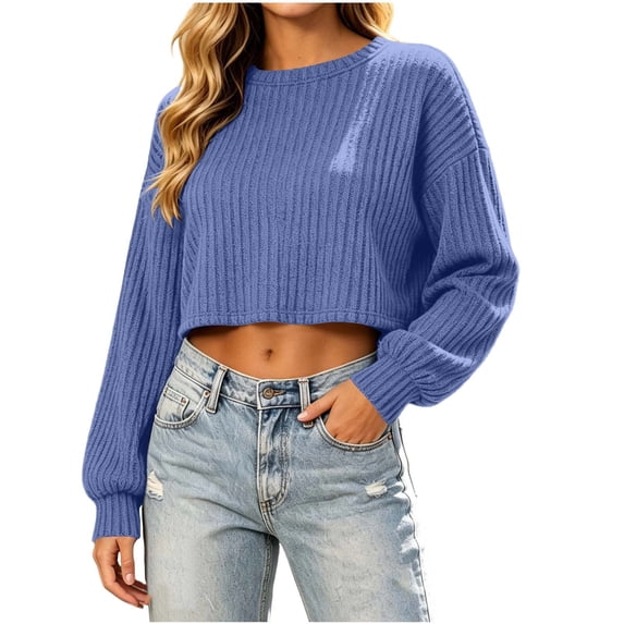cocolona Womens Cropped Sweater Crew Neck Long Sleeve Knit Ribbed Fall Pullover Tops