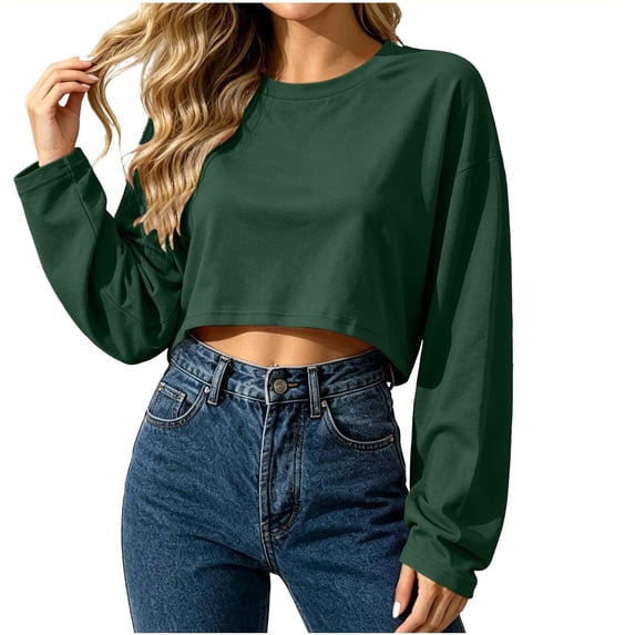 cocolona Womens Cropped Sweatshirts Crew Neck Long Sleeve Pullover Tops Loose Casual Solid Color Thin Sweatshirts