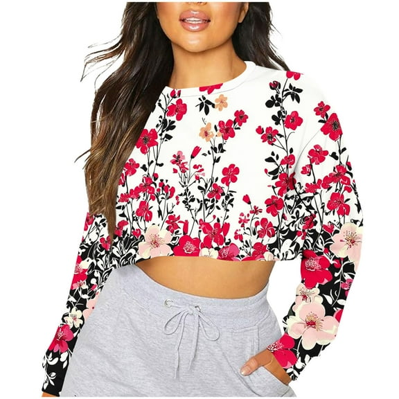 cocolona Womens Cropped Sweatshirts Fall Long Sleeve Crew Neck Shirts Fashion Casual Floral Print Pullover Tops