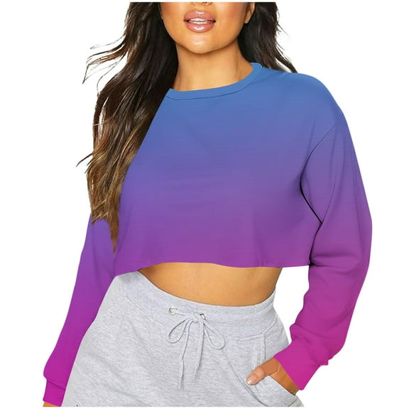 cocolona Womens Cropped Sweatshirts Fall Long Sleeve Crew Neck Shirts Fashion Casual Gradient Color Pullover Tops
