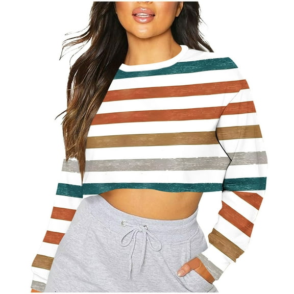 cocolona Womens Cropped Sweatshirts Fall Long Sleeve Crew Neck Shirts Fashion Casual Striped Print Pullover Tops