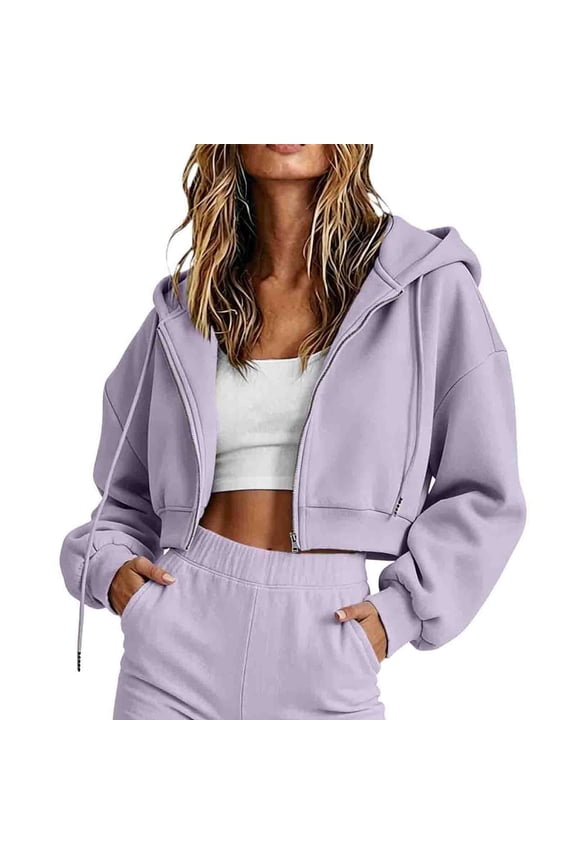 Womens Cropped Zip up Hoodie Long Sleeve Solid Color Sweatshirts Drawstring Loose Cute Jacket
