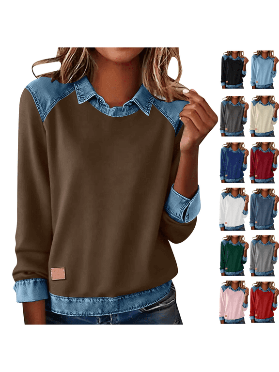 Womens Denim Patchwork Tops Turndown Collar Long Sleeve T-shirts Fall Fashion Casual Pullover Sweatshirts Loose Blouses