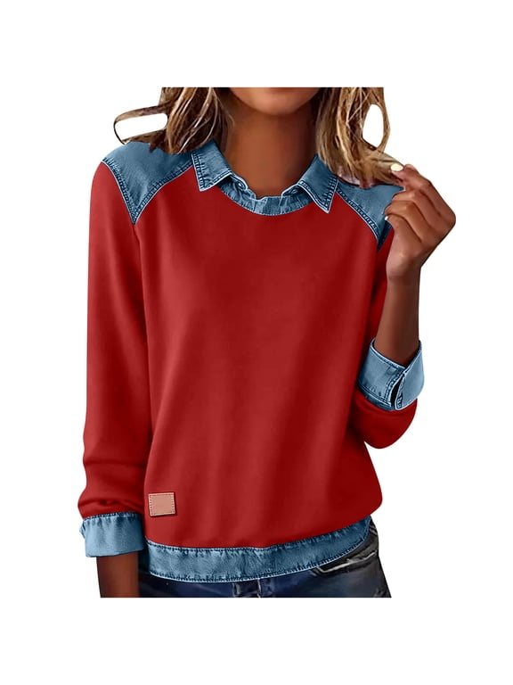 Womens Denim Patchwork Tops Turndown Collar Long Sleeve T-shirts Fall Fashion Casual Pullover Sweatshirts Loose Blouses
