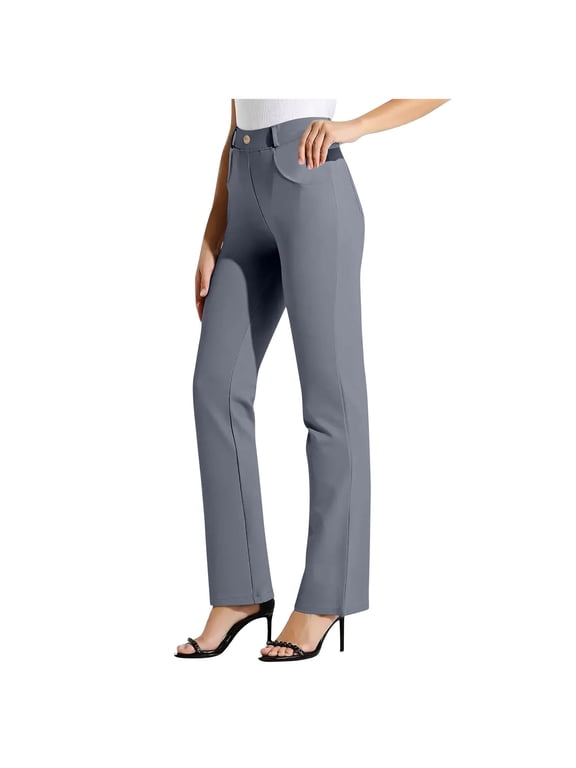 Womens Dress Pants Business Casual Work Office Pants Elastic Waist Button Stretch Comfy Yoga Pants Lounge Trousers S-XXL