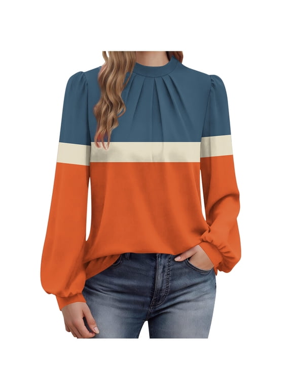 Womens Dressy Casual Blouses Long Sleeve Crew Neck Pleated T-shirts Fashion Color Block Tunic Tops