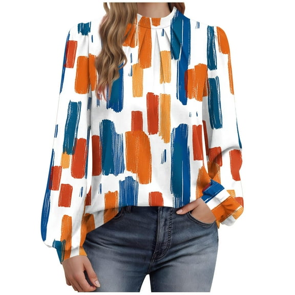 cocolona Womens Dressy Casual Blouses Long Sleeve Crew Neck Pleated T-shirts Fashion Color Block Tunic Tops