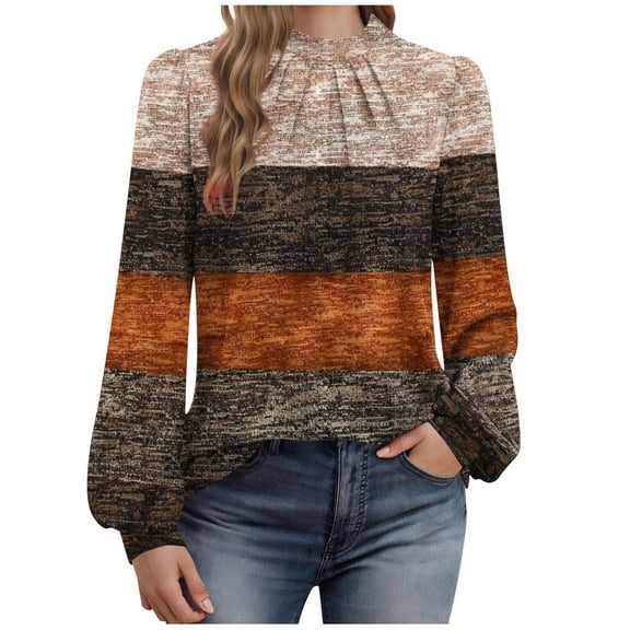 cocolona Womens Dressy Casual Blouses Long Sleeve Crew Neck Pleated T-shirts Fashion Color Block Tunic Tops