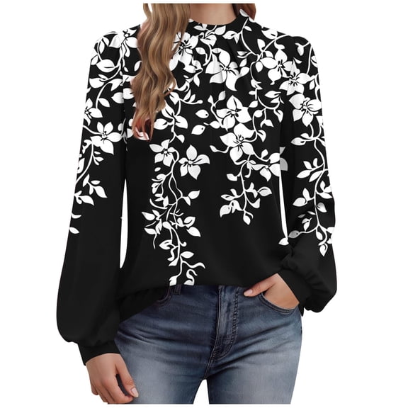 cocolona Womens Dressy Casual Blouses Long Sleeve Crew Neck Pleated T-shirts Fashion Floral Print Tunic Tops