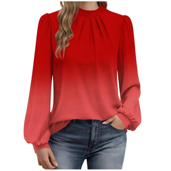 cocolona Womens Dressy Casual Blouses Long Sleeve Crew Neck Pleated T-shirts Fashion Gradient Color Tunic Tops