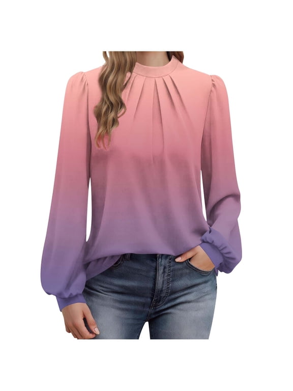 Womens Dressy Casual Blouses Long Sleeve Crew Neck Pleated T-shirts Fashion Gradient Color Tunic Tops
