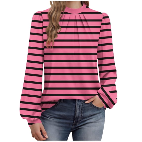 cocolona Womens Dressy Casual Blouses Long Sleeve Crew Neck Pleated T-shirts Fashion Striped Print Tunic Tops