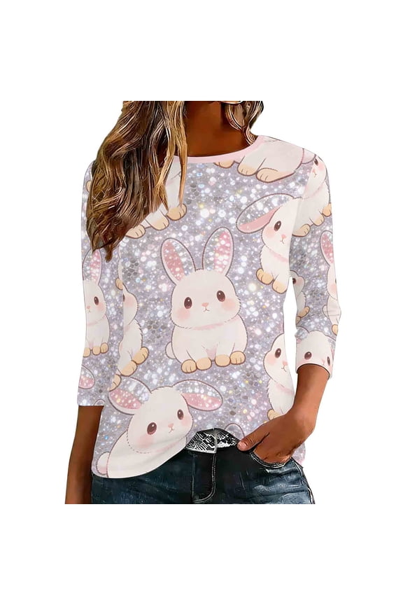 Womens Easter 3/4 Sleeve Shirts Cute Bunny T-Shirts Summer Crew Neck Tops Graphic Tees