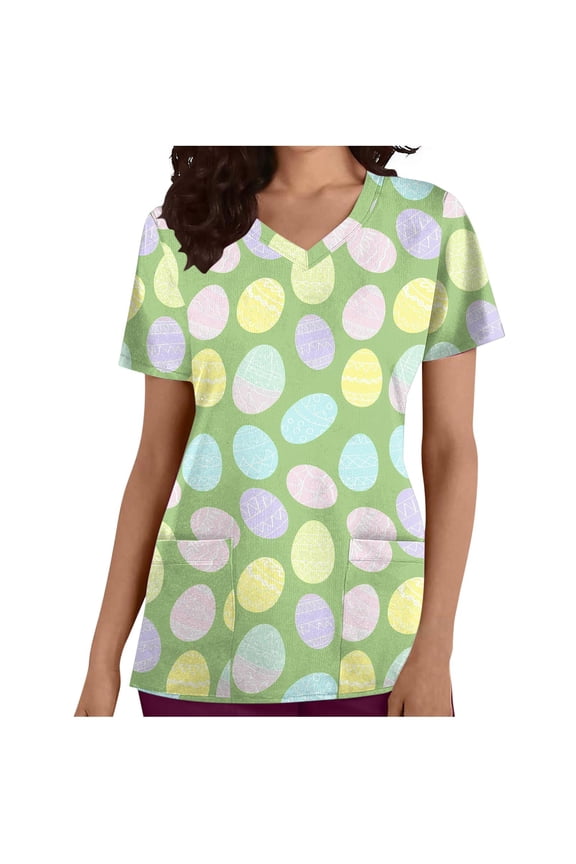Womens Easter Scrubs Tops V-neck Short Sleeve Bunny Eggs Print Nursing Uniform T-shirt with Pocket
