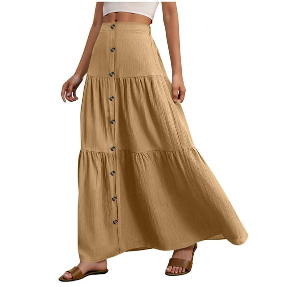 cocolona Womens Elastic Waist Button Maxi Skirts Fashion Solid Color Flowy Long Skirts Summer Beach Vacation A Line Skirts Khaki S
