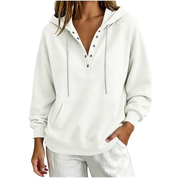 cocolona Womens Fall Button-up Pullover Hoodies Loose Casual Long Sleeve Drawstring Solid Color Sweatshirts