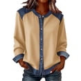 thumbnail image 1 of cocolona Womens Fall Denim Patchwork Tops Crew Neck Long Sleeved Button Cardigan Shirts Dressy Casual Loose Blouses Jacket, 1 of 5