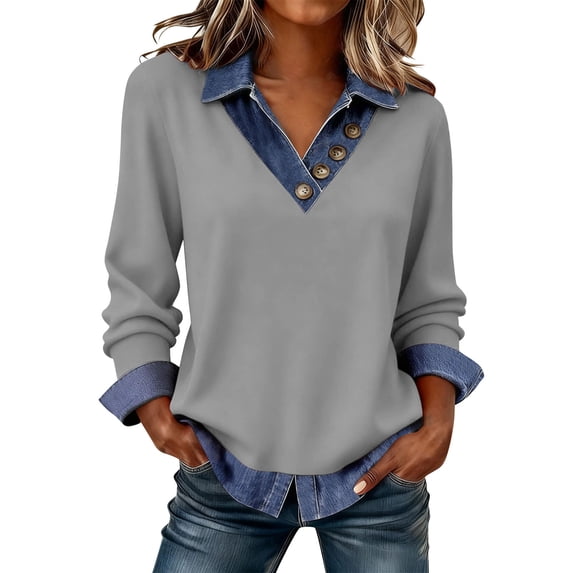 cocolona Womens Fall Denim Patchwork Tops Lapel Button Long Sleeve Pullover Shirts Dressy Casual Loose Blouses