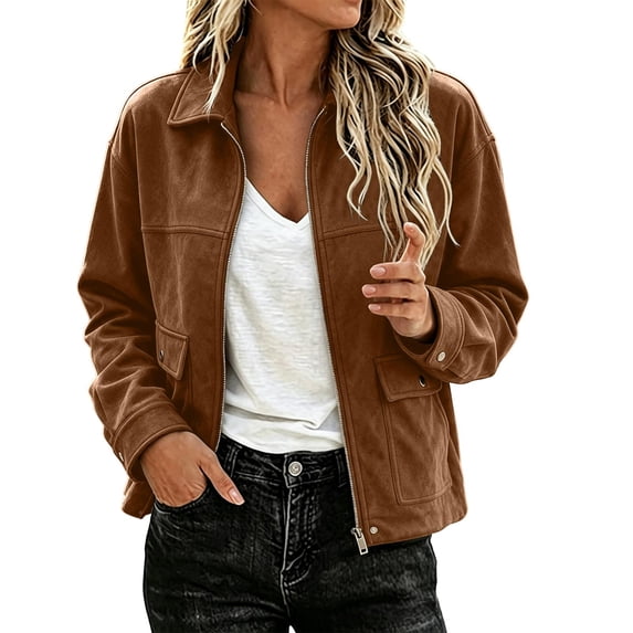 cocolona Womens Fall Jacket Lapel Long Sleeve Lined Solid Color Outerwear Casual Zip Up Vintage Tops with Pockets