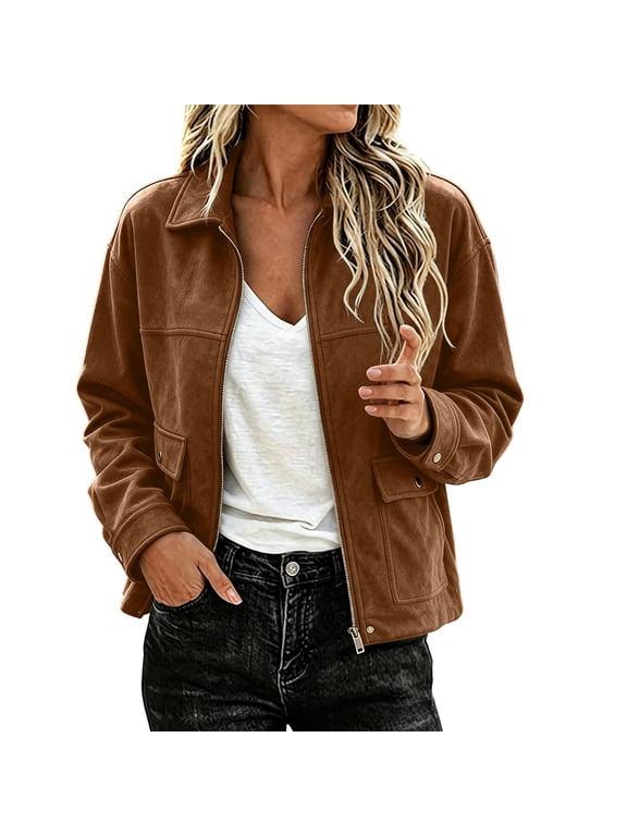 Womens Fall Jacket Lapel Long Sleeve Lined Solid Color Outerwear Casual Zip Up Vintage Tops with Pockets